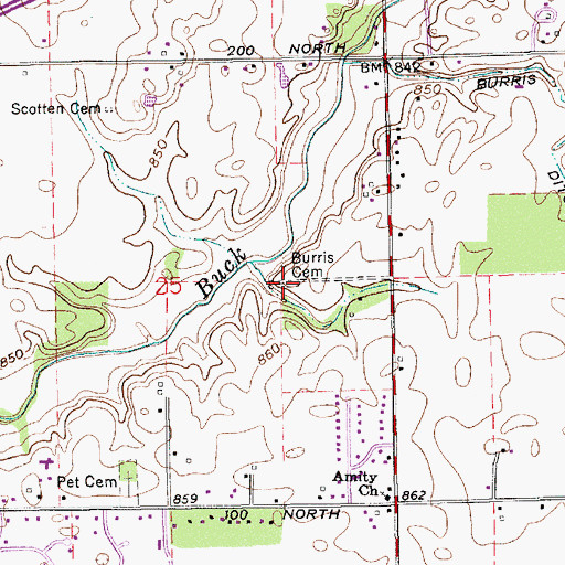 Topographic Map of Burris Cemetery, IN