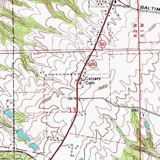 Topographic Map of Calvary Cemetery, IN