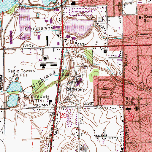 Topographic Map of Calvary Cemetery, IN