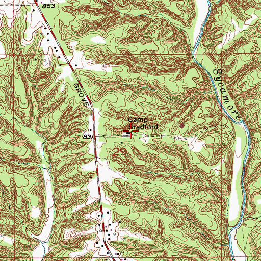 Topographic Map of Camp Bradford, IN