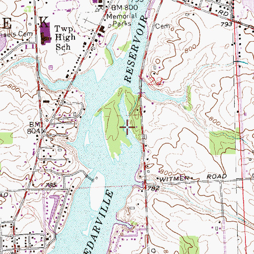 Topographic Map of Cedarville Reservoir, IN