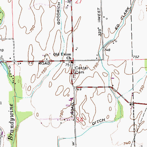 Topographic Map of Center Cemetery, IN