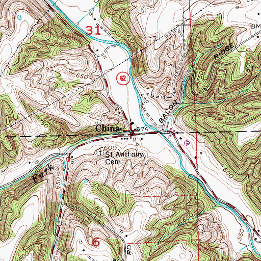 Topographic Map of China, IN