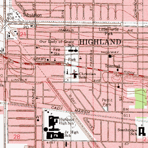 Topographic Map of Highland Christian School, IN