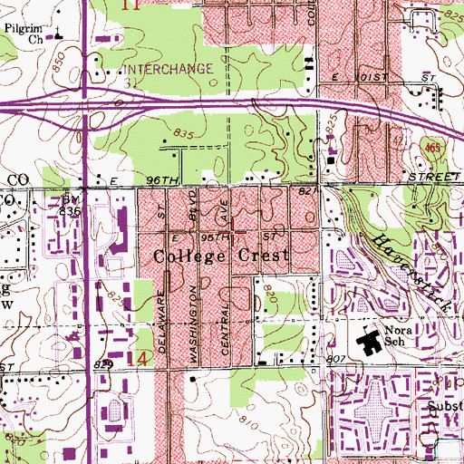 Topographic Map of College Crest, IN