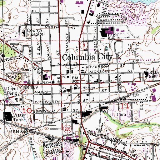 Topographic Map of Columbia City, IN