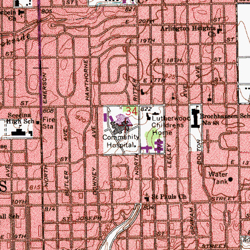 Topographic Map of Community Hospital East, IN