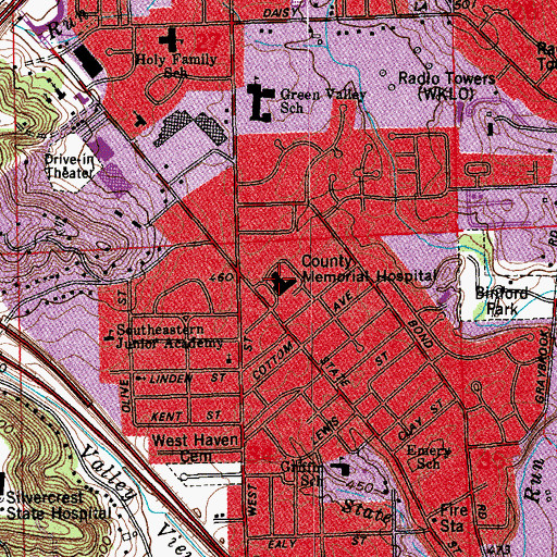 Topographic Map of County Memorial Hospital, IN