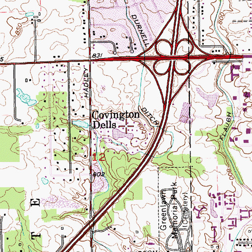 Topographic Map of Covington Dells, IN