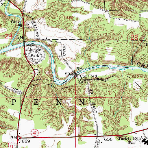 Topographic Map of Cox Ford Covered Bridge, IN