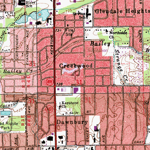 Topographic Map of Creekwood, IN
