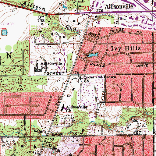 Topographic Map of Cross and Crown Lutheran Church, IN