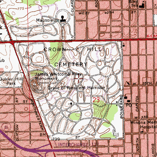 Topographic Map of Crown Hill National Cemetery, IN