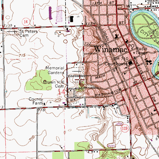 Topographic Map of Crown Hill Cemetery, IN