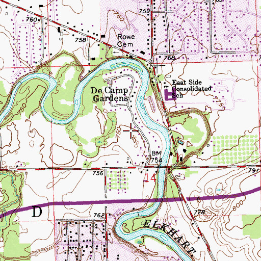 Topographic Map of De Camp Gardens, IN