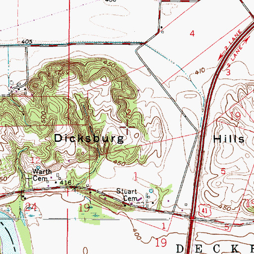 Topographic Map of Dicksburg Hills, IN