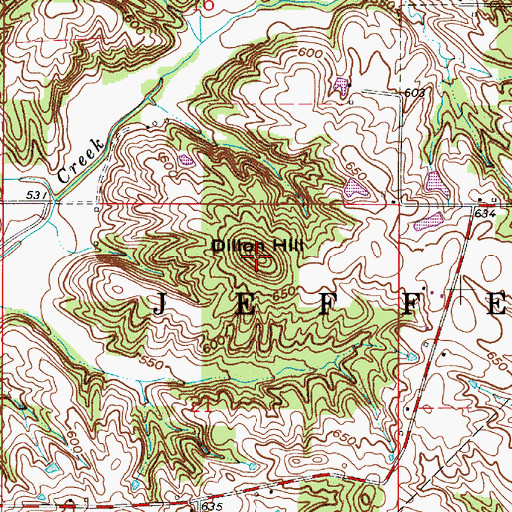 Topographic Map of Dillon Hill, IN