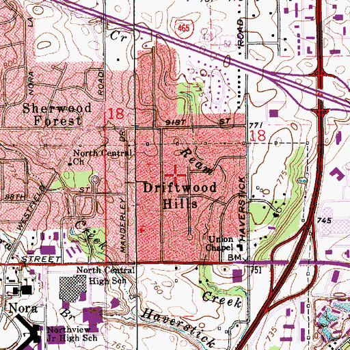 Topographic Map of Driftwood Hills, IN