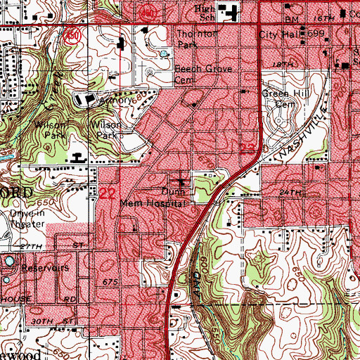 Topographic Map of Saint Vincent Dunn Hospital, IN