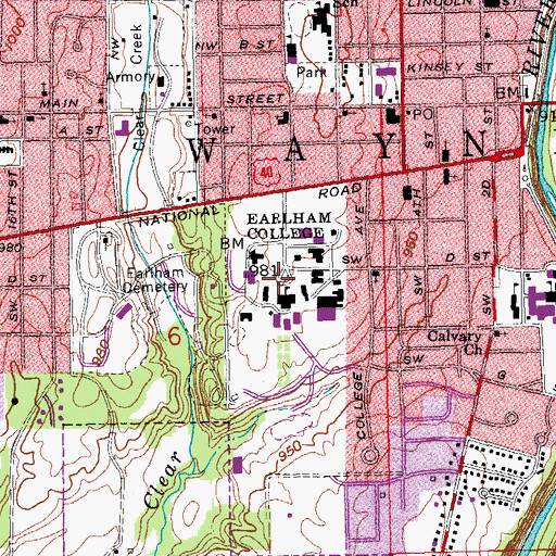 Topographic Map of Earlham College, IN