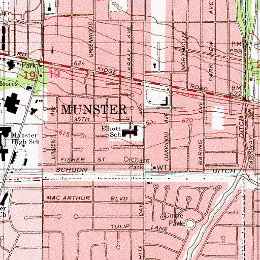 Topographic Map of Ernest R Elliott Elementary School, IN