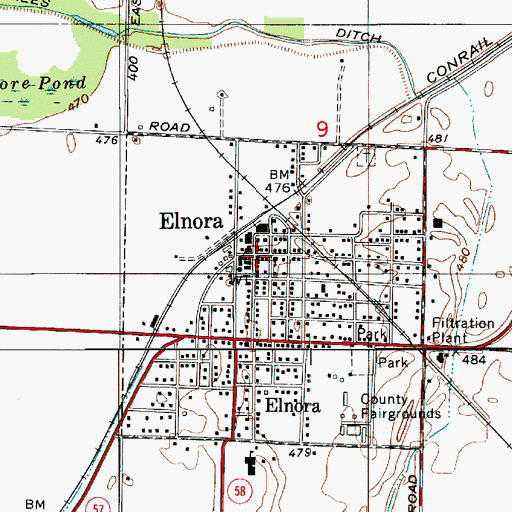 Topographic Map of Elnora, IN