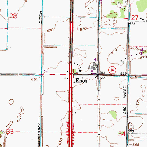 Topographic Map of Enos, IN
