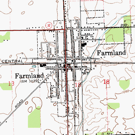 Topographic Map of Farmland, IN