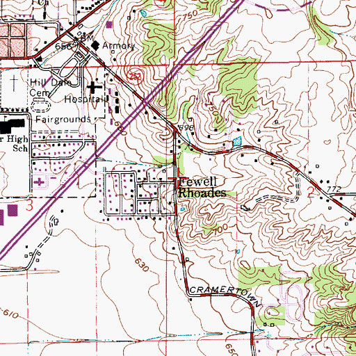 Topographic Map of Fewell Rhoades, IN