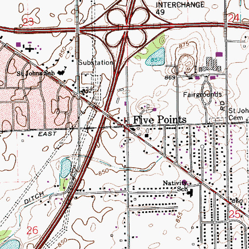 Topographic Map of Five Points, IN