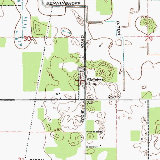 Topographic Map of Fletcher Cemetery, IN