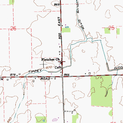 Topographic Map of Fletcher Church, IN