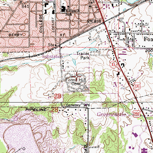 Topographic Map of Forest Hill Cemetery, IN