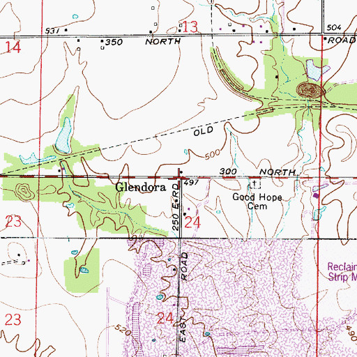 Topographic Map of Glendora, IN