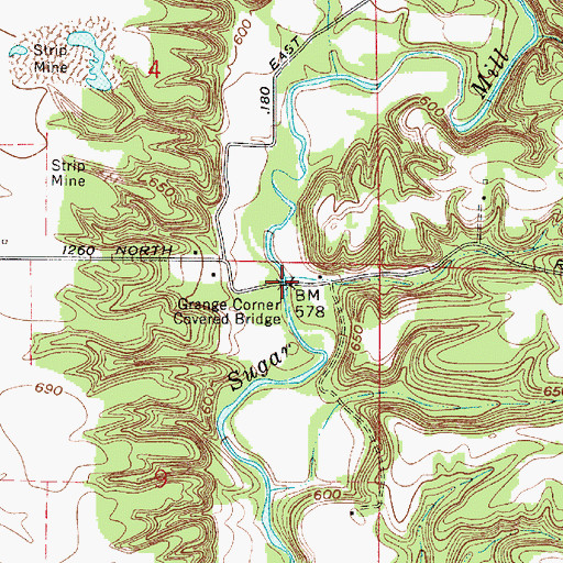Topographic Map of Grange Corner Covered Bridge (historical), IN