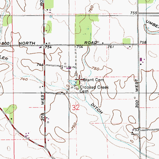 Topographic Map of Grant Cemetery, IN