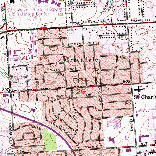 Topographic Map of Greendale, IN