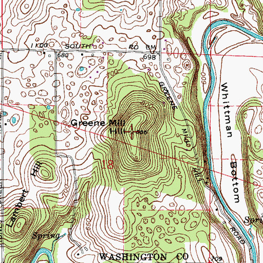 Topographic Map of Greene Mill Hill, IN