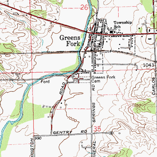 Topographic Map of Greens Fork Cemetery, IN