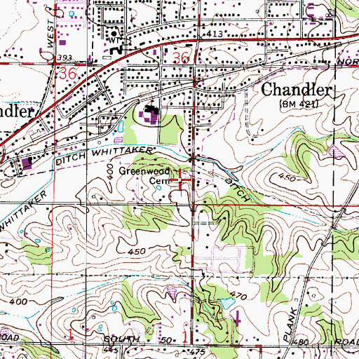 Topographic Map of Greenwood Cemetery, IN