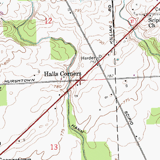 Topographic Map of Halls Corners, IN