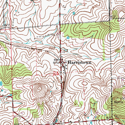 Topographic Map of Harristown, IN