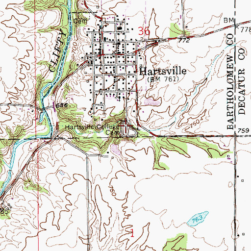 Topographic Map of Hartsville College Cemetery, IN