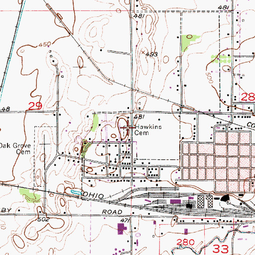 Topographic Map of Hawkins Cemetery, IN