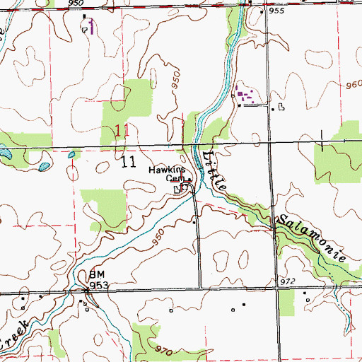 Topographic Map of Hawkins Cemetery, IN