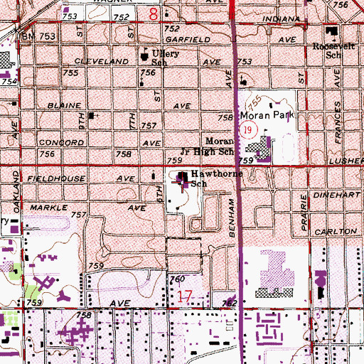 Topographic Map of Hawthorne Elementary School, IN