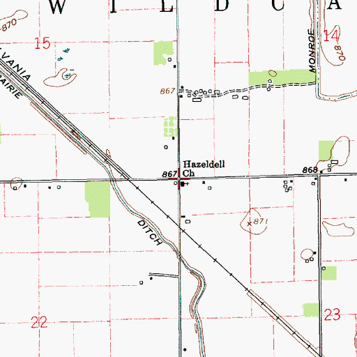 Topographic Map of Hazeldell Church, IN
