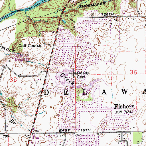 Topographic Map of Heady Cemetery, IN