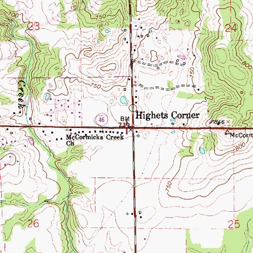 Topographic Map of Highets Corner, IN