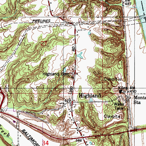 Topographic Map of Highland Cemetery, IN